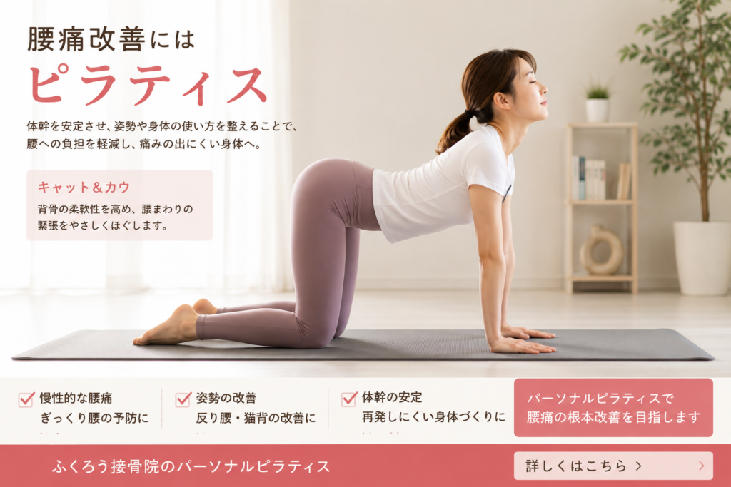 マットの上で腰痛予防のためピラティスでキャットカウの練習している女性の画像