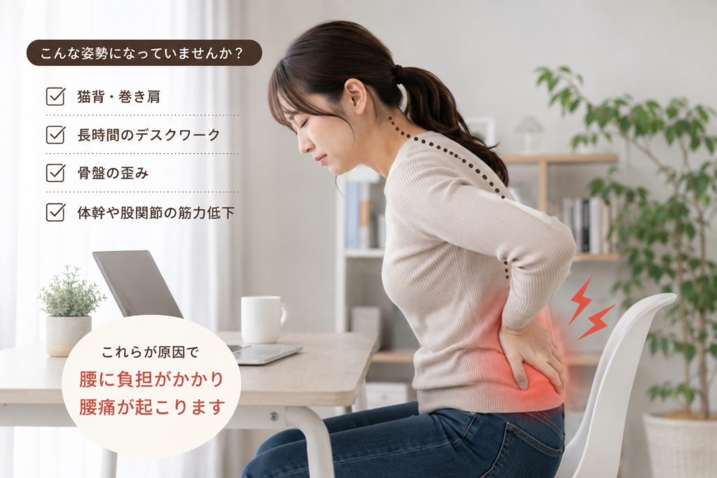 姿勢の悪さで腰痛がある女性