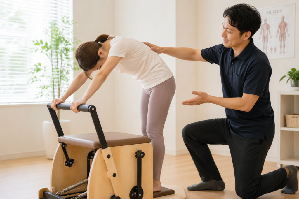 産後の姿勢改善のためにチェアでピラティスを行う様子