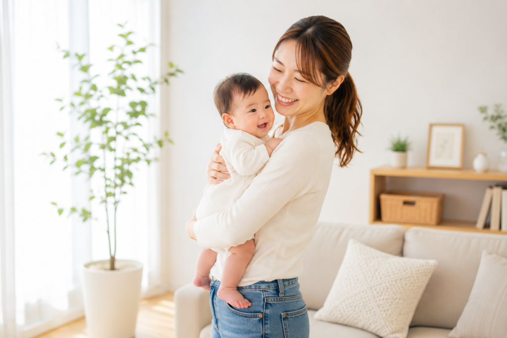 赤ちゃんを抱っこして笑顔な女性